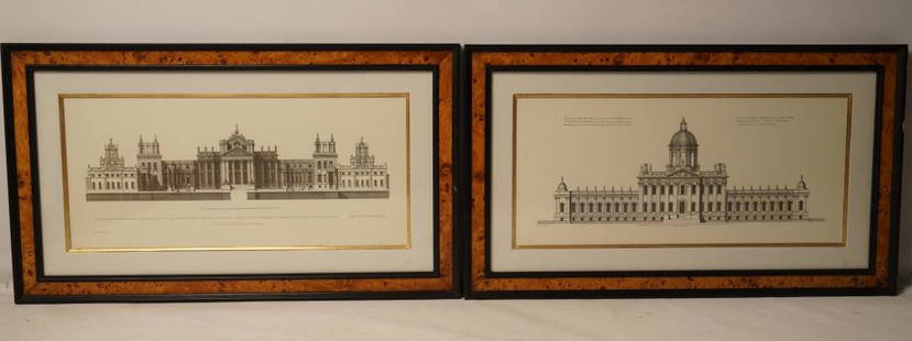 Pair Framed English Architectural Prints: Sight Size: 12.5" x 28". FaÃ§ade of Blenheim Castle and Castle Howard. Beautifully ebonized frame with burl walnut trim. From print dealer Towbridge.