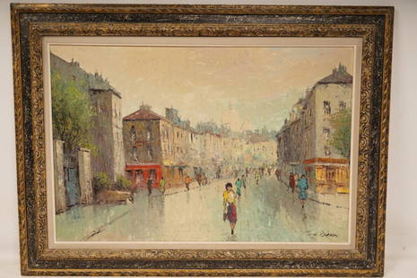 Ferdi Boisson Oil on Canvas Paris Streetscape: Sight Size: 35.5" x 23.5". Parisian streetscape in Montmarte; mid 20thC