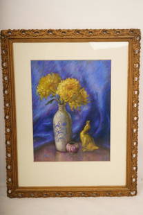 E. Schindler Pastel Still Life: Sight Size: 18" x 14". Still life of flowers and table articles. Signed lower left.