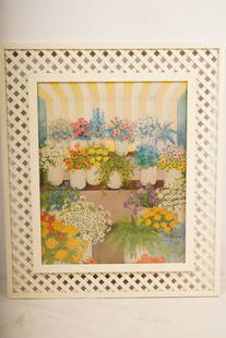 D. Saar Framed Print: Sight Size: 29.5" x 23.5". Depicting vases of flowers under a yellow and white canopy. Framed in a custom lattice frame.