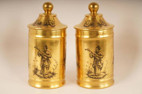 Pair Le Tallec Chinoisorie Porcelain Covered Jars: Retailed through Black, Starr and Gorham. Each depicting a figures playing instruments among fountains and foliate decorations