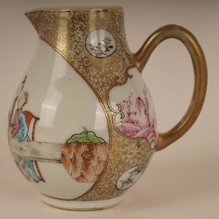 19th/20th C Chinese Porcelain Famille Rose Creamer: Overall decoration centering an interior domestic scene. Possible Qing Dynasty.