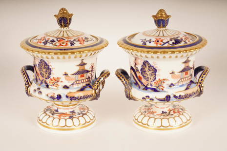 Pair Chamberlain Worcester Covered Serving Dishes: Urn form with two handles with masks decorated in an Imari pallette