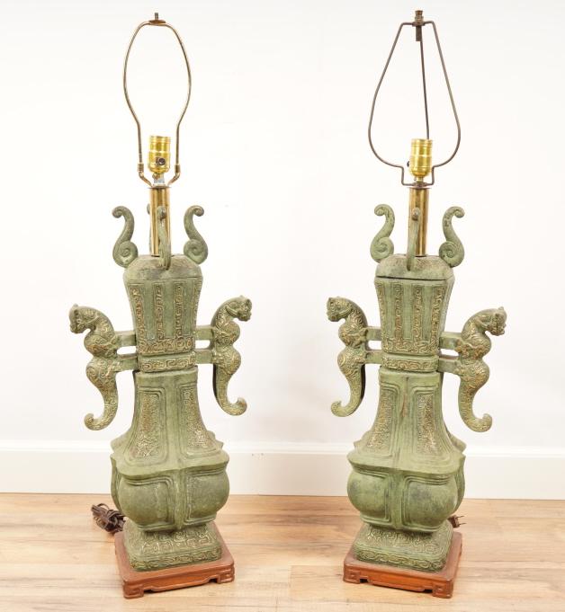 Large Pair Chinese Bronze Lamps (1 of 6)