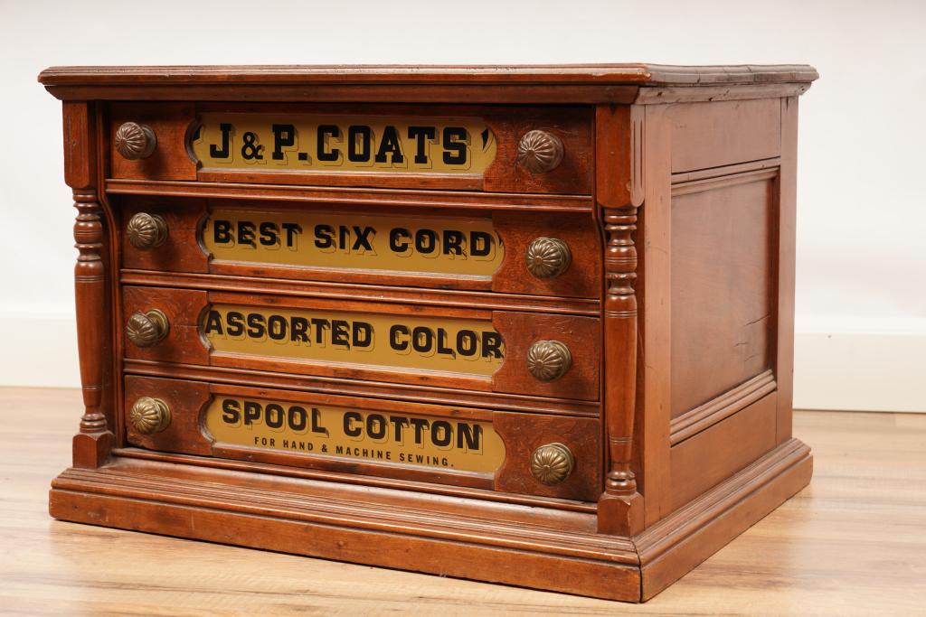Signed JP COATS 4 DRAWER CHERRY SPOOL CABINET (1 of 6)