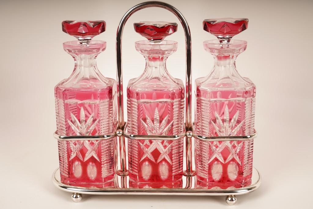 Bohemian Cranberry Cut Crystal Decanters Tantalus (1 of 4)