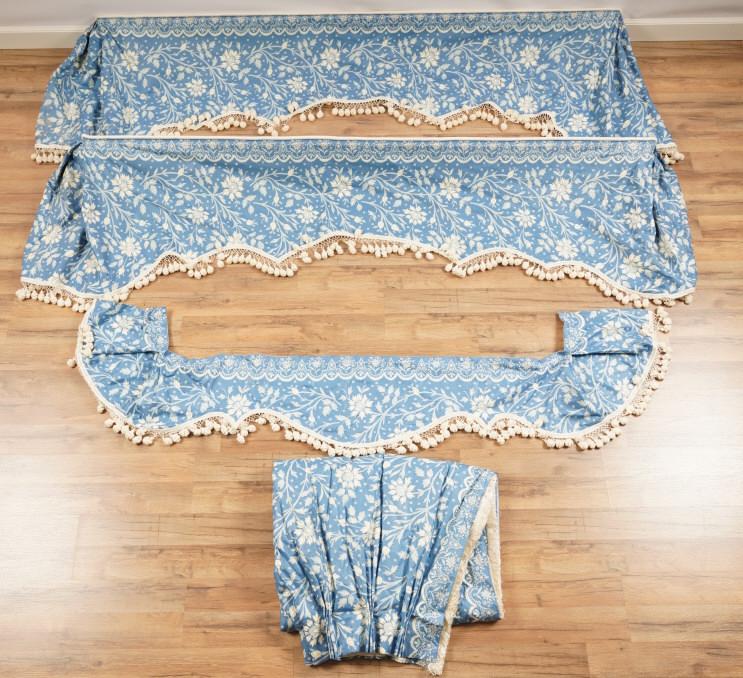 Misc. Lot Brunschwig & Fils Chintz Drapery Panels: Includes two board-mounted valances, a separate loose valance, and one drapery panel. Drapery Panel is 92" high and 30" wide.