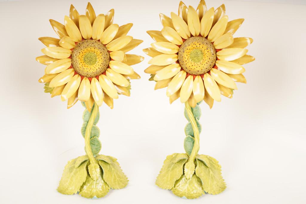 Pair Italian Pottery Sunflower Sculptures: Flat back, designed to sit on wall brackets. Signed on base.