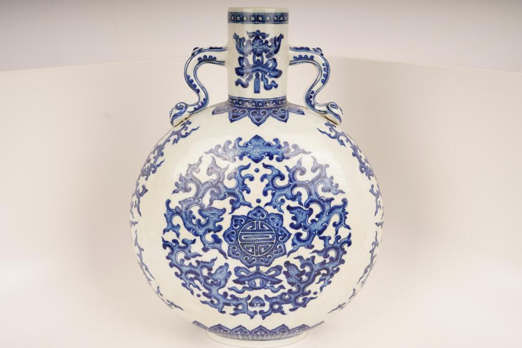 Chinese Blue and White Moon Flask: Large form with overall decoration. Marked on base.