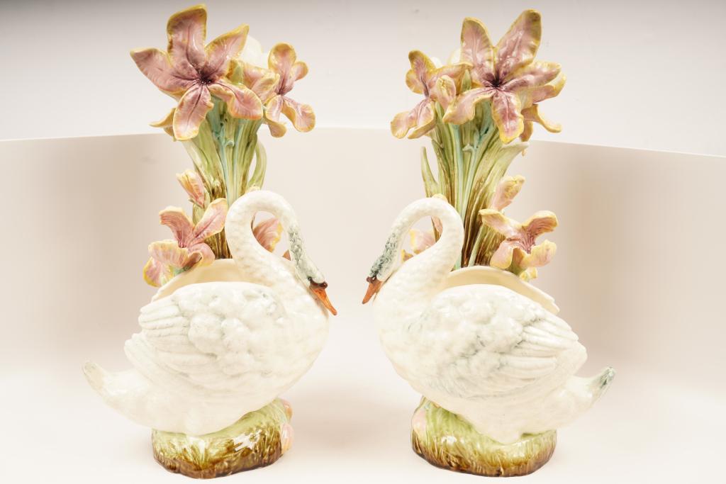 Pair Large Continental Majolica Swan Planters (1 of 10)