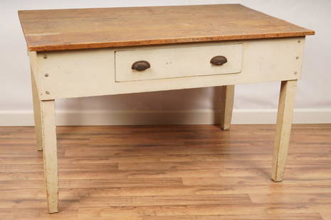 American Painted Pine Work Farm Table: Exposed pine top over a painted frame with a single deep drawer.