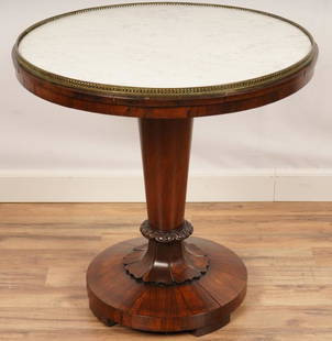 19thC Empire Style Rose Wood Marble Top Table: White marble top with brass gallery over a tapering rosewood veneered circular base.