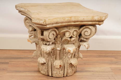 Carved Wood Corinthian Capital: Finely carved form with fully articulated acanthus leaves and scrolls