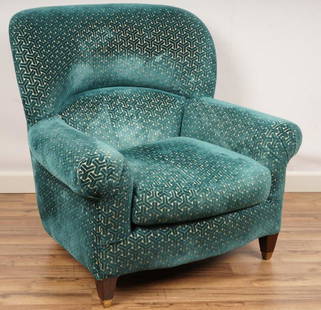 Custom Teal Upholstered Club Chair: Custom upholstered by Yi's in a deep jewel tone teal velvet geometric.