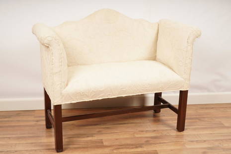 White Crewel Upholstered Bench: Camel back with rolled arms over marlborough legs