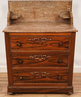 19thC Rosewood Marble Top Wash Stand: Conforming rouge marble top above three drawers; finely veneered.