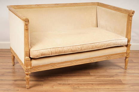 French Empire Style Upholstered Settee: French Empire Style Upholstered Settee covered in a tan velvet with a down cushion.