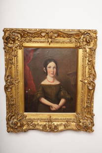 American Folk Art Oil Painting of a Girl: Depicting a young girl in a fine dress, coral necklace holding a rose in an elaborate baroque frame. Frame size is: 20" x 23"