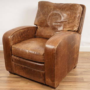 Leather Upholstered Barcalounger: Loose back cushion; reclines fully with track arms.