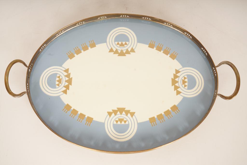 Villeroy & Boch Secessionist Style Silverplate Tray: 2 handle oval silverplate band centering a stoneware dish decorated with a Secessionist motif