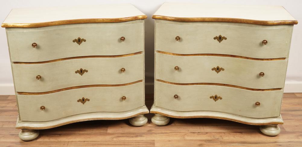 Pair Amy Howard Parcel Gilt Painted Chests: Each serpentine chest is trimmed with gold detailing with an overall robin-egg blue paint.