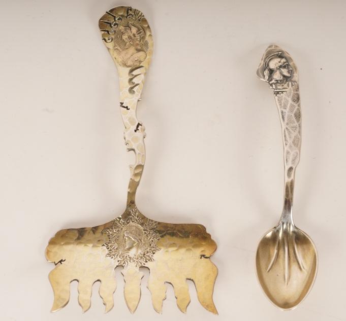 Two George Shiebler Etruscan Medallion Serving Pcs: Asparagus server and teaspoon. Sterling Silver with gold wash.