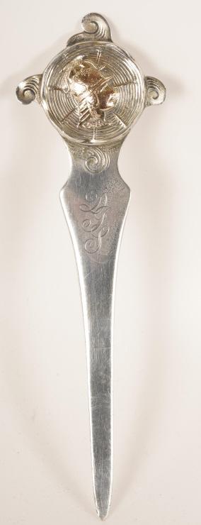 George Shiebler Etruscan Medallion Letter Opener: Sterling Silver and 14K marked on back. Monogram on front.