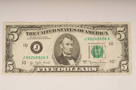 RARE 1977A $5 Misprint Bill: Double print on obverse