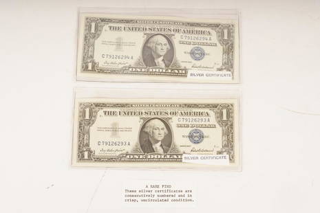 CRISP Pair 1957 $1 Silver Dollar Bill Consecutive: Silver Certificates in Consecutive Numbers