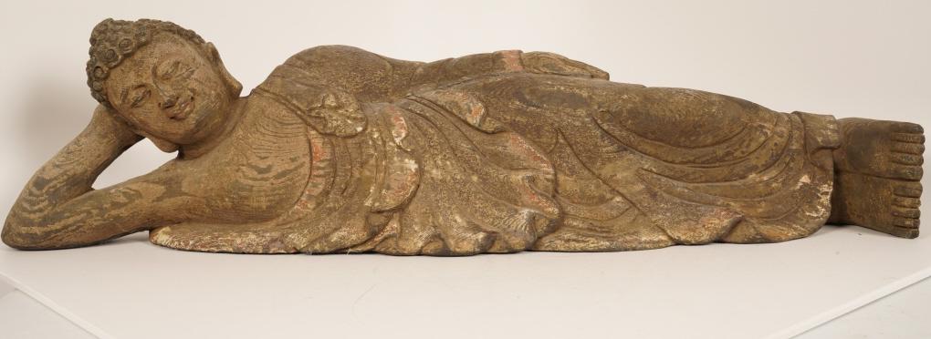 Large Carved Wood Reclining Buddha: Originally gilt or painted, lacking original surface. Fine detail overall