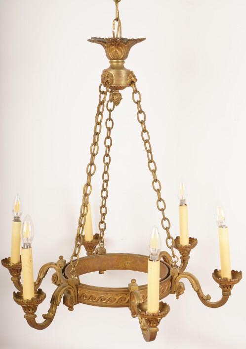 Neoclassical 6 Light Bronze Chandelier: Cast bronze ring