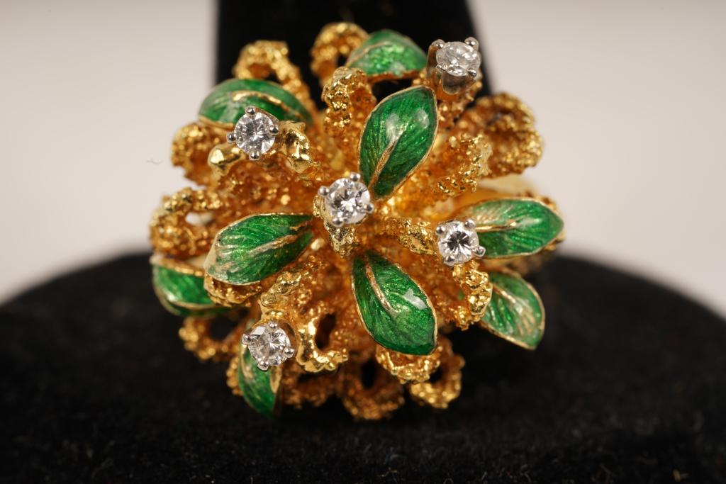 10K Gold Diamond Enamel Flower Ring Size 8 (1 of 5)