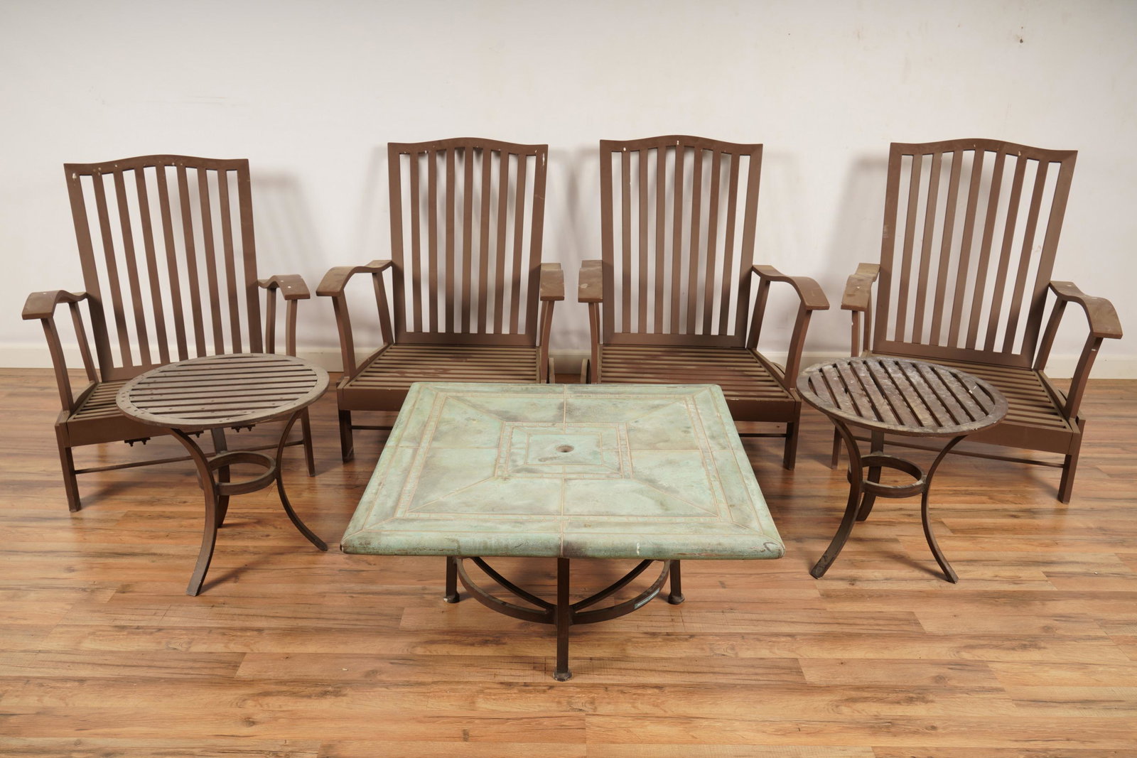 Summer Classics 4 Patio Club Chairs Side Tables: Lacking cushions and expected wear from outdoor use. Outdoor Furniture: Four (4) chairs and three (3) tables. Each chair H 40 1/4" x W 30 1/4" x D 36". Two (2) tables H 18" x D 20 3/4" diameter round