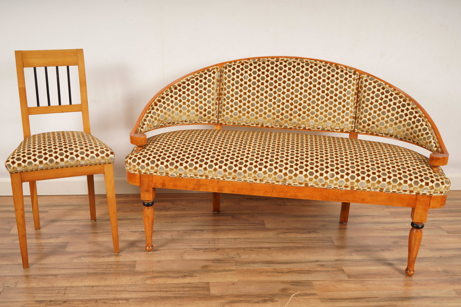 Biedermier Style Upholstered Settee Side Chair: Settee and chair with same geometric fabric design. Settee H 34" x W 56" x D 21 1/2". Chair H 35" x W 17 x D 15".