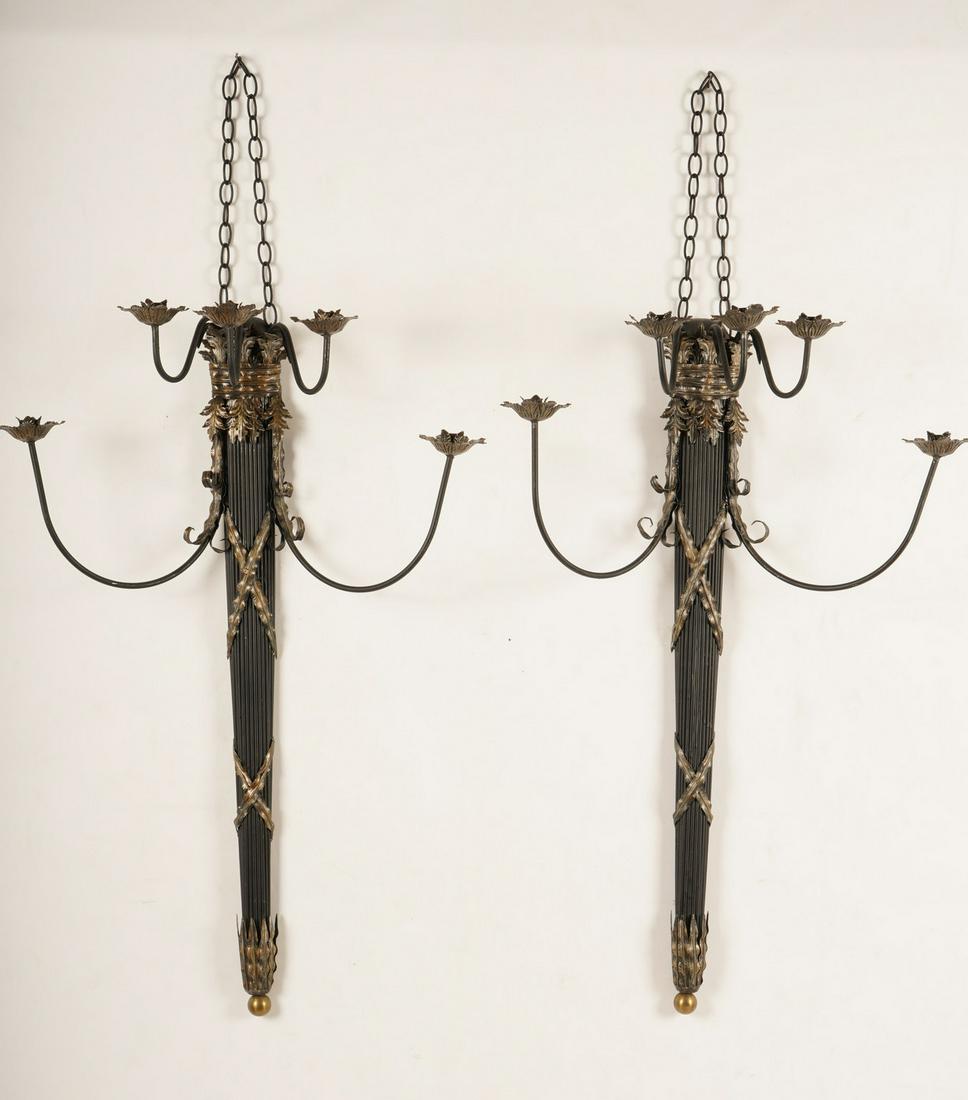 Pair Large Louis XVI Style Gilt Metal Wall Sconces: Pair (2) of large candle sconces. Each sconce H 57 1/2" x W 27 1/2" x D 11".