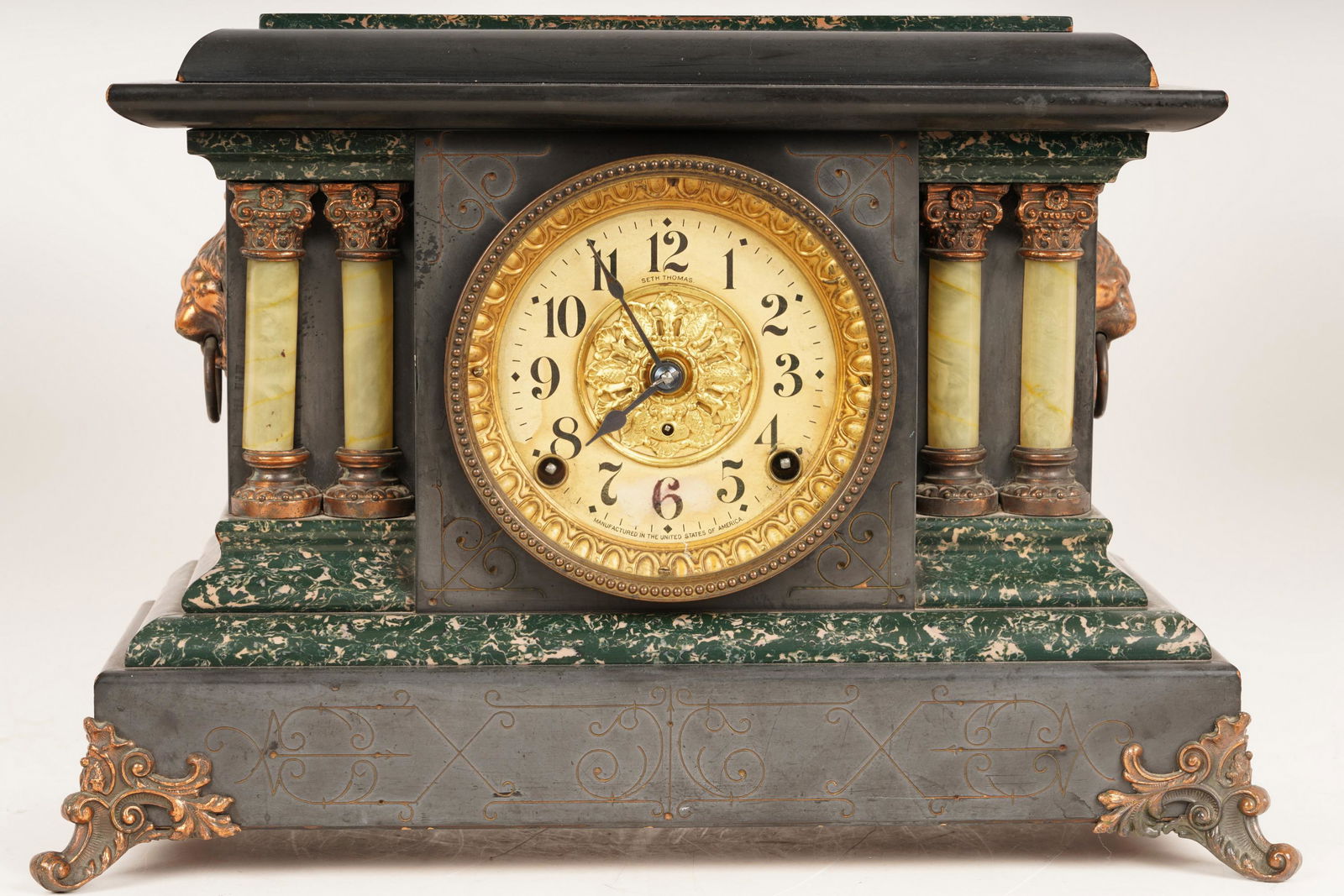Adamantine Mantle Clock by Seth Thomas: Adamantine mantel clock by Seth Thomas, patented 1860, 11 jewels, 6 size. Not tested for functionality. H 11 1/2" x W 16 3/4" x D 4 1/4".