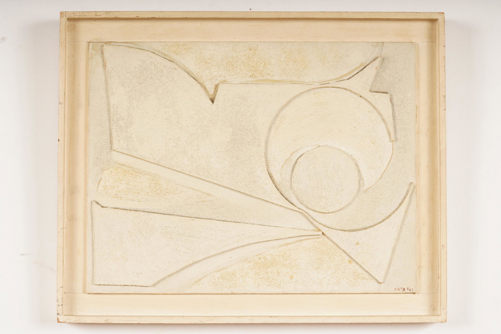 Angelo Savelli (1911-95) Acrylic Canvas Collage: Acrylic and canvas collage by Angelo Savelli (Italian, 1911-1995), Double Circle. Signed bottom right and on stretcher. Sight H 13 1/4" x W 10". Frame H 12 1/4" x W 15 1/2". Provenance: From the colle