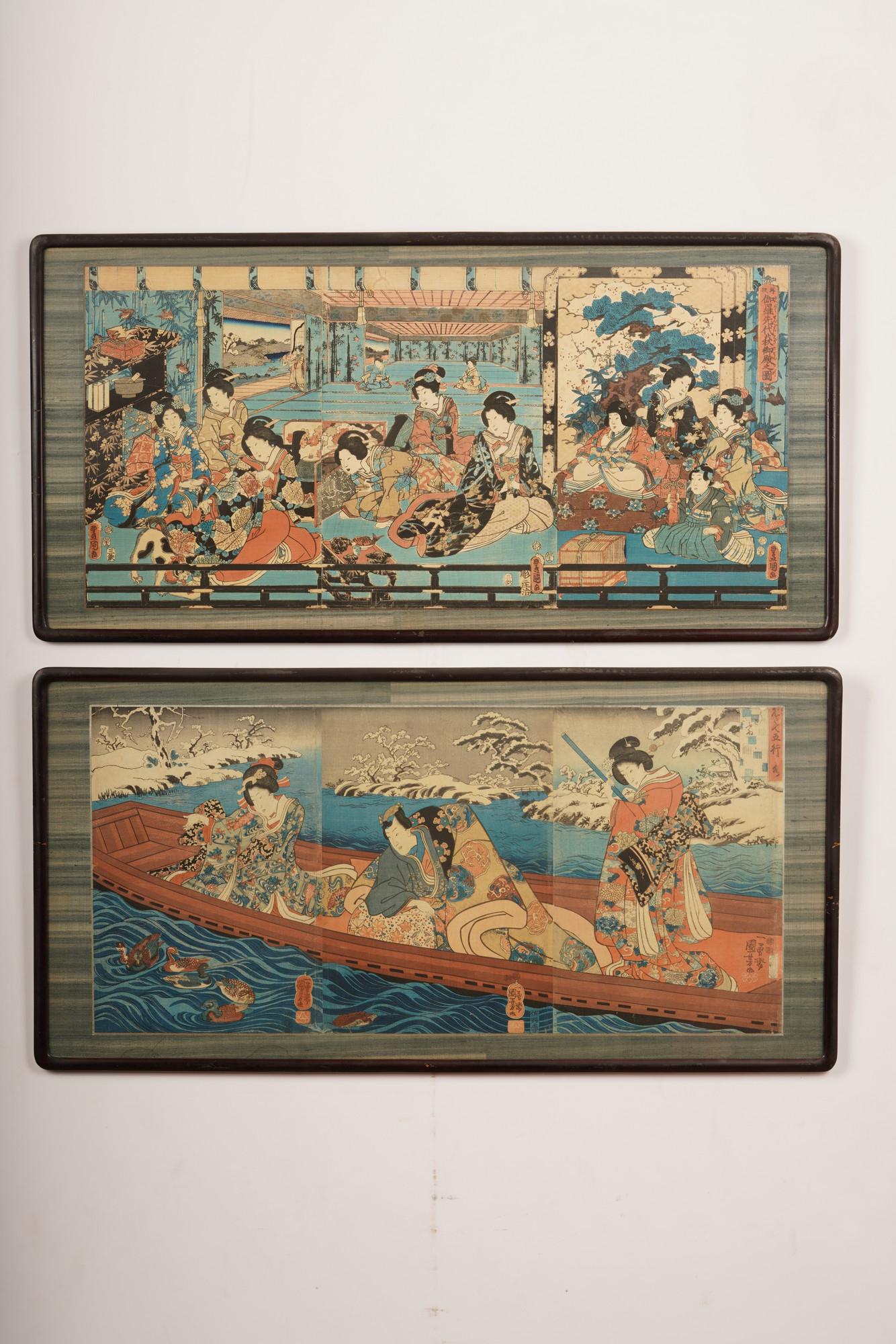 Pair of Japanese Triptych Woodblocks Seated Beauties: S 14x29.25” F17.25x34.25” Retailed through K. Hayashi Prince Genji feeding ducks by Utagawa Kuniyoshi (Japanese, 1797-1861) The net proceeds from this lot benefit womenâ€™s charities.