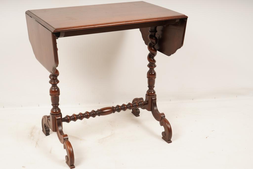 Victorian Turned Wood Drop Leaf Sofa Table: Drop leaf top over barley twist legs and a turned stretcher;l Open measurement is 43.5" wide