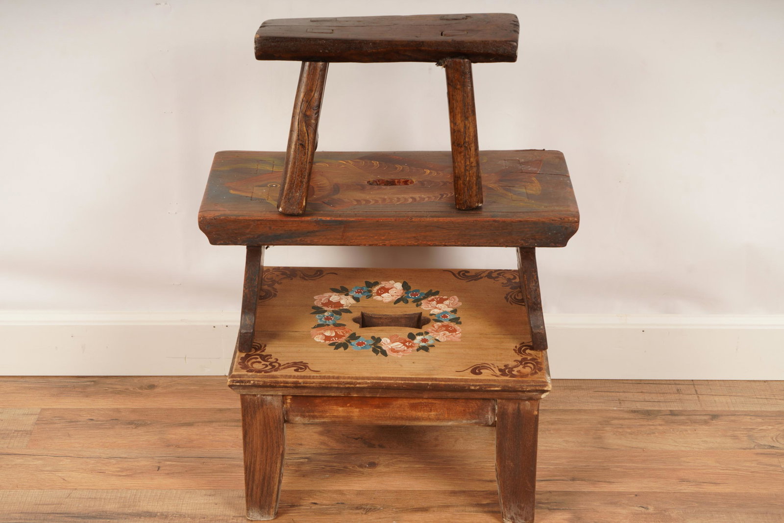 Three Wooden Footstools: H 9" x W 15.25" x D 11.5"