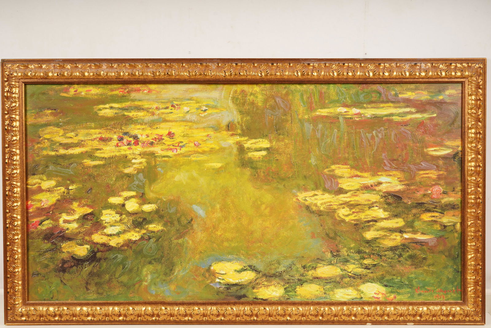 Brushstrokes Collection Monet Water Lilies 544/980: Reproduction Painting of The Pond of Water Lilies by Claude Monet. Limited edition, authorized reproduction made by Brushstrokes. Sight H 30" x W 60 1/8". Frame H 36 1/2" x W 66 1/2".