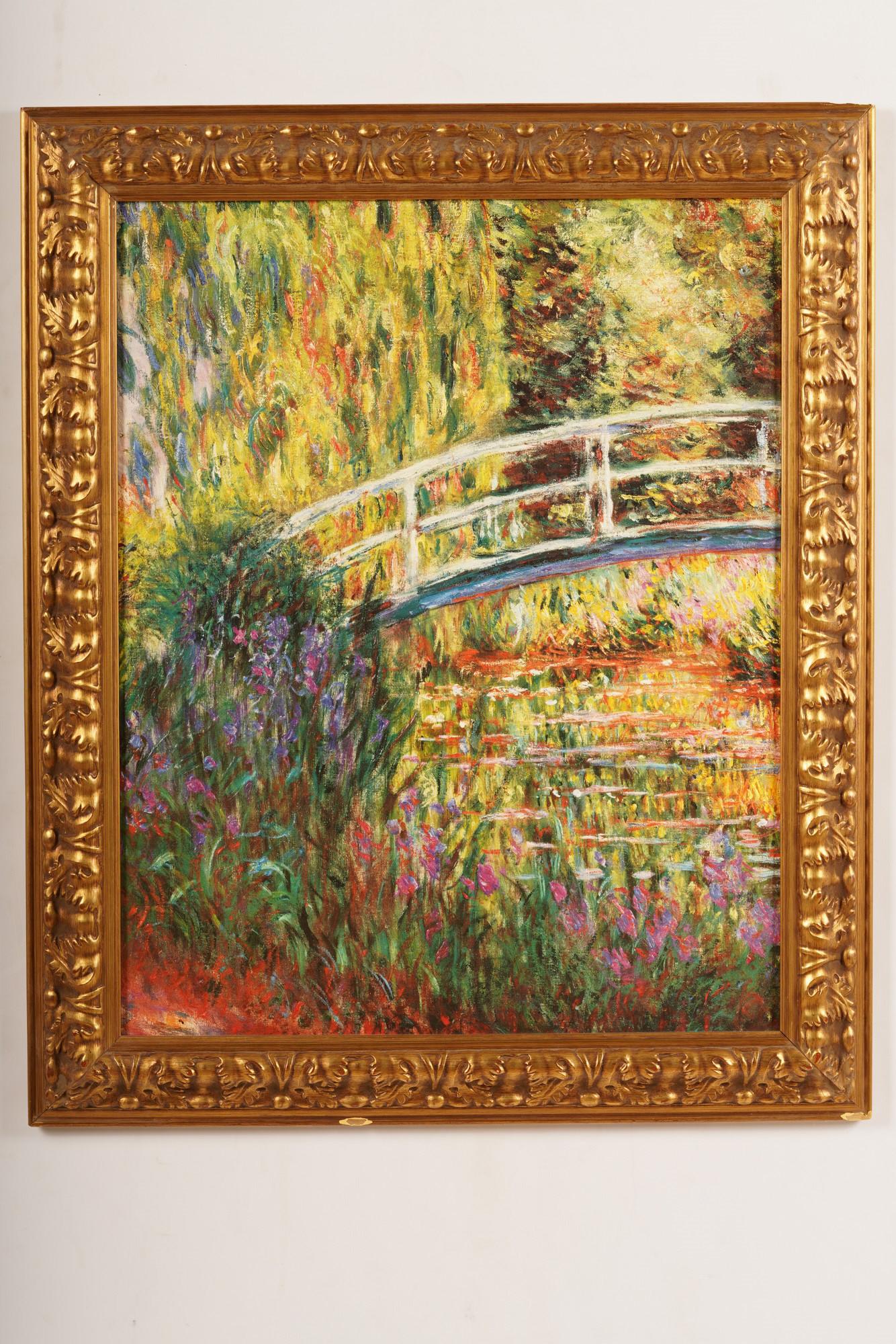 Brushstrokes Collection Monet: Reproduction landscape of a bridge over a pond. Sight H 30" x W 24". Frame H 36 1/2" x W 30 1/2".