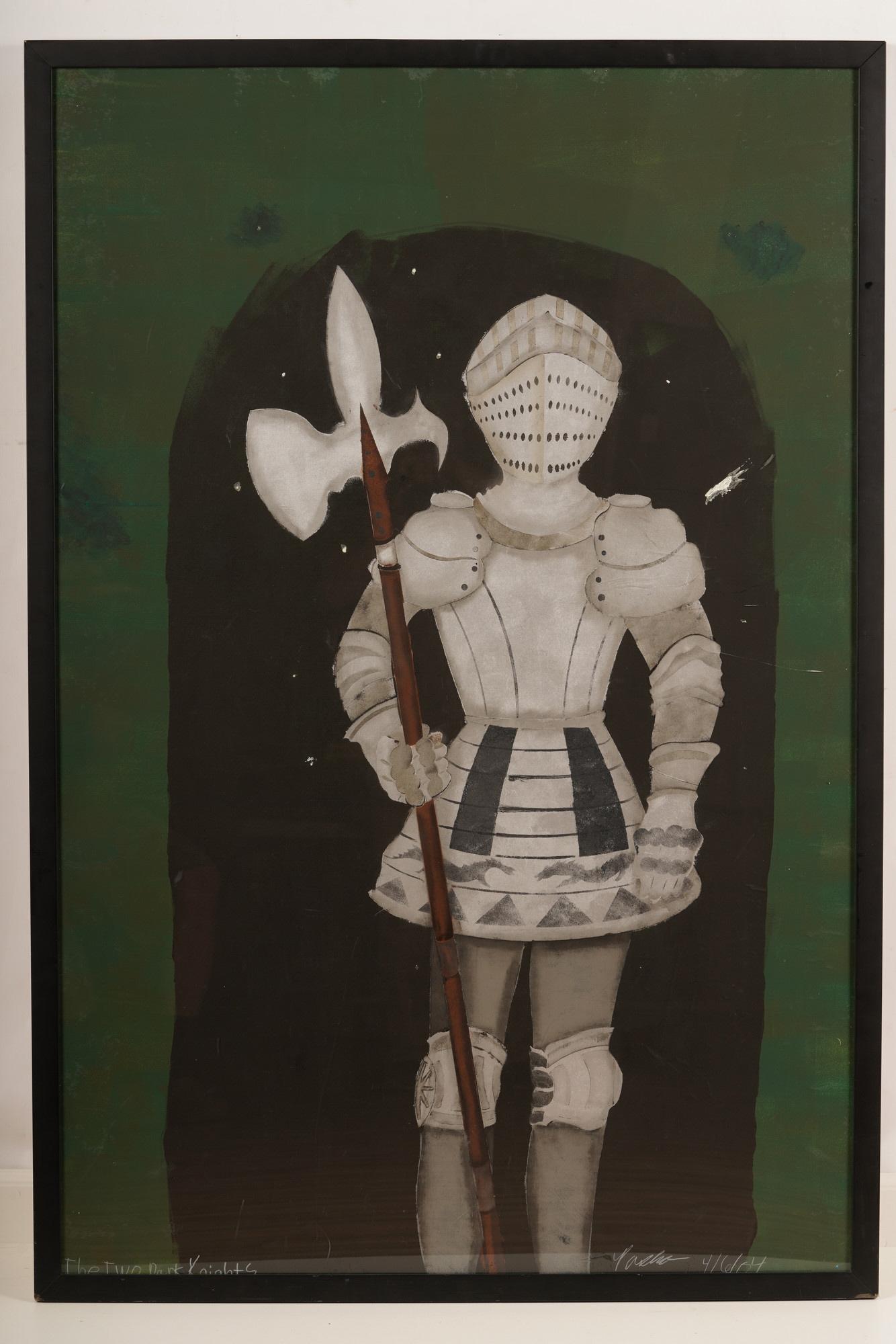 "The Two Dark Knights" Art by Pasha: Artwork signed by Pasha, The Two Dark Knights, depicting a knight in armour. Sight H 35" x W 52 1/2". Frame H 37 1/4" x W 55".