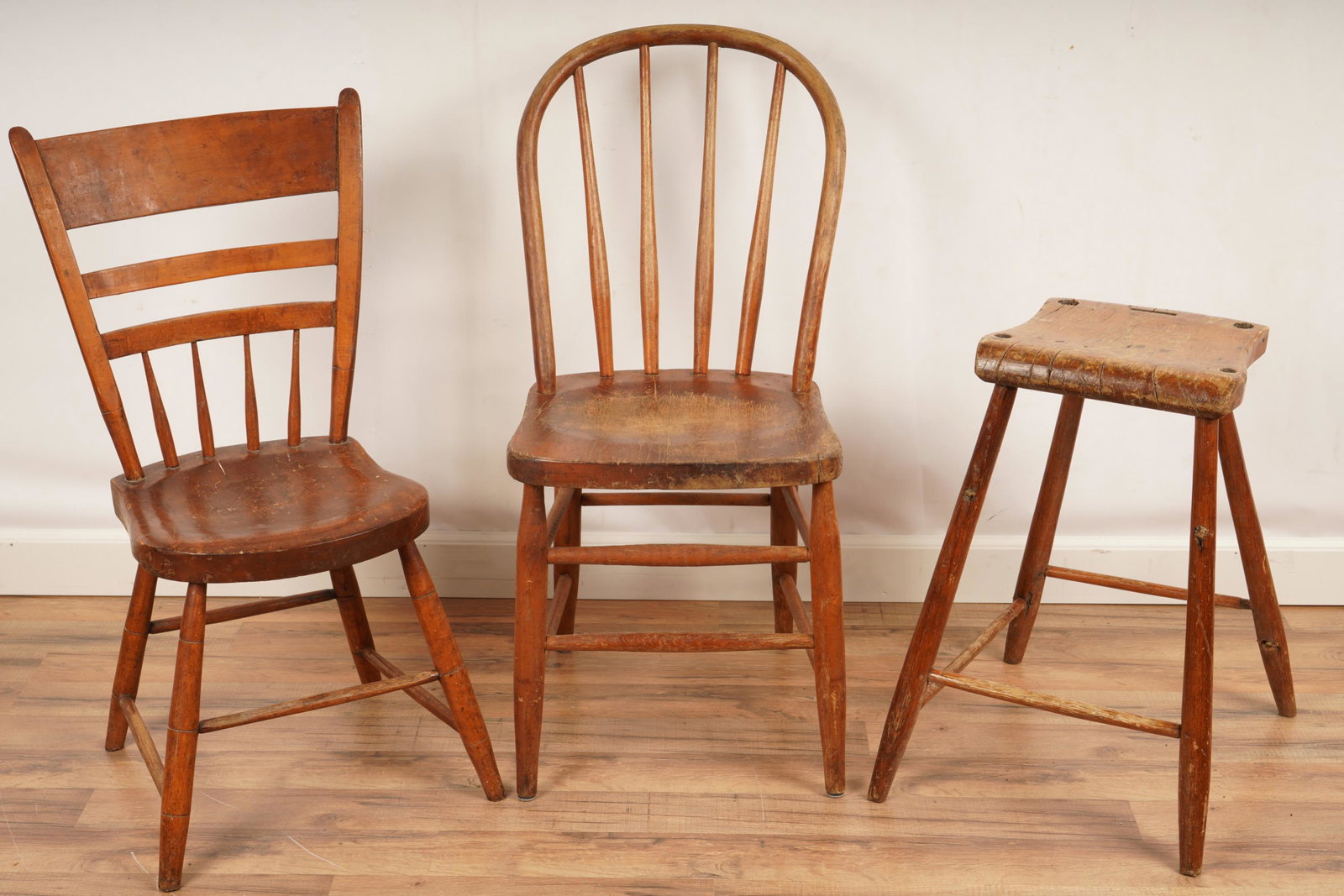 Group 3 Woode Chairs Stool: H 34.5 x W 15.5 x D 19