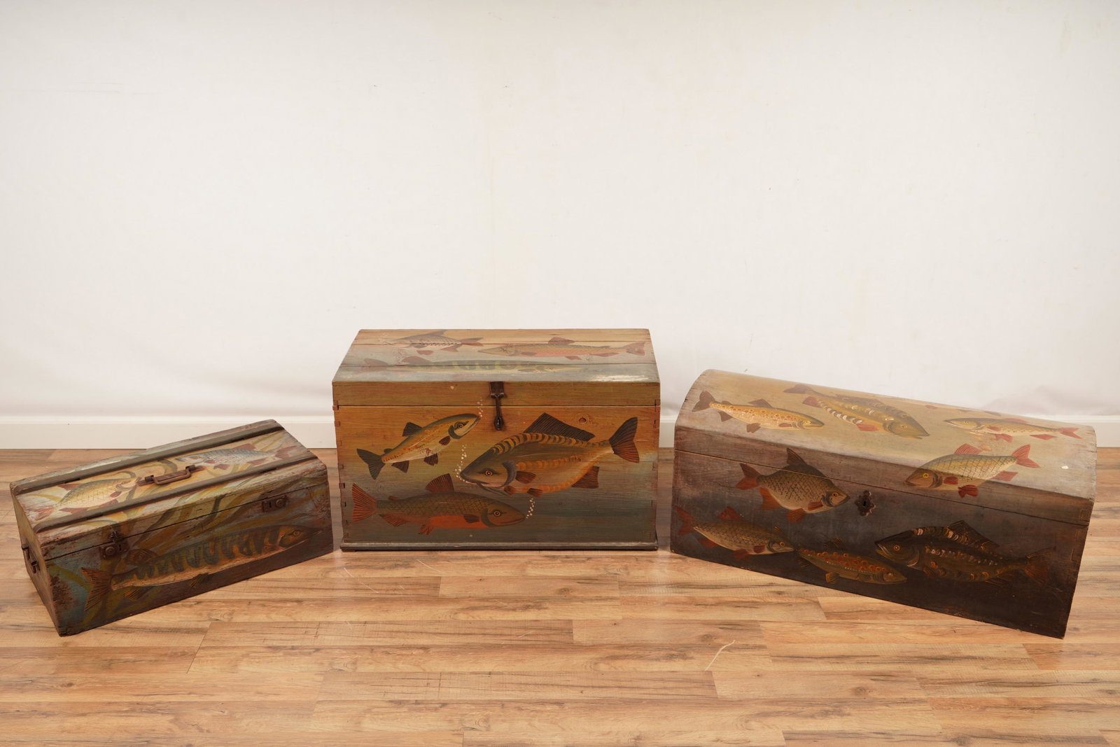3 Folk Art Painted Fish Decorated Boxes: H 18.5 x W 32.25 x D 16.25