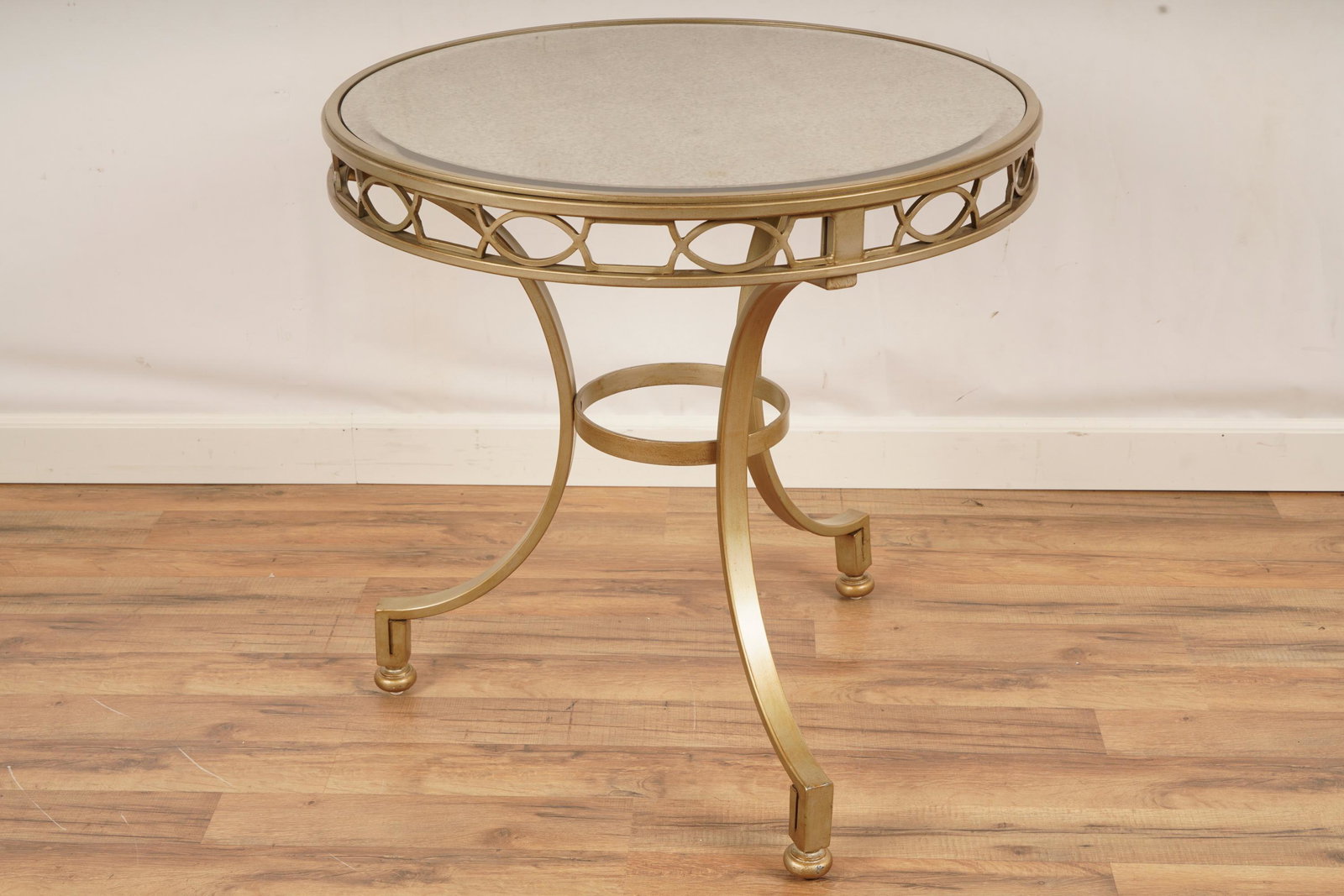 Gilt Metal Mirror Top Side Table: From a non smoking home. Excellent condtion with minimal wear. H 28 W 28 D 28