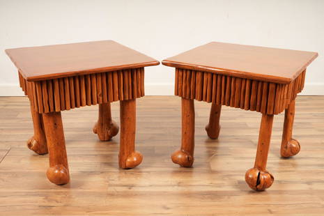 Lester Santos Pair Burl Leg Side Tables: After attending harpsichord building school in Rhode Island, Lester moved to Colorado to build guitars with the Bennett brothers. He moved to Cody to build houses, cabinets, and finally furniture. Les