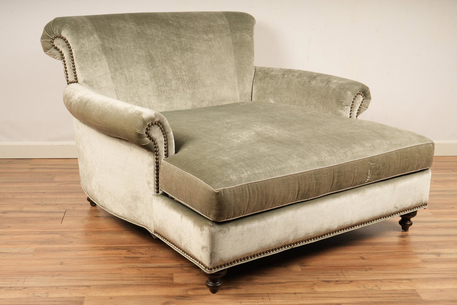 Frontgate Velvet Upholstered Oversized Chaise: Upholstered in a greenish-gray fabric with nailhead trim. H 38 W 58 D 60