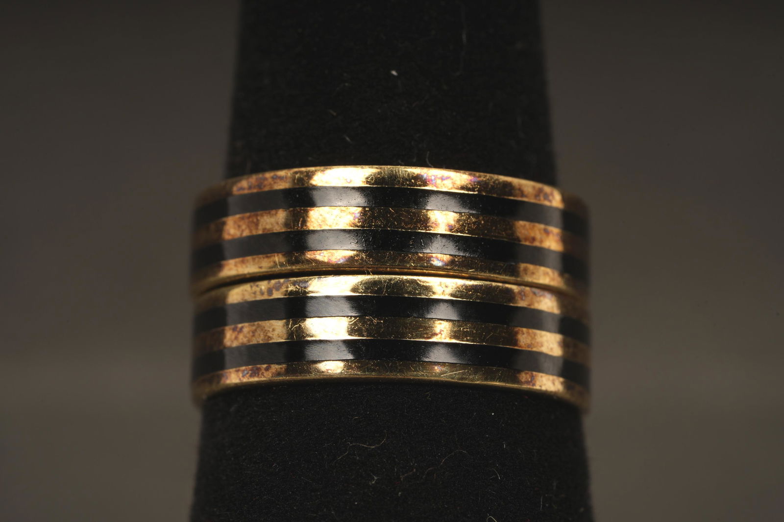 14K Gold Black Enamel Stack Rings: Size: 5.75. Marked 14k. Measurements are for single ring H 0.72 W 0.72 D 0.19 Weight 6.38 grams TW