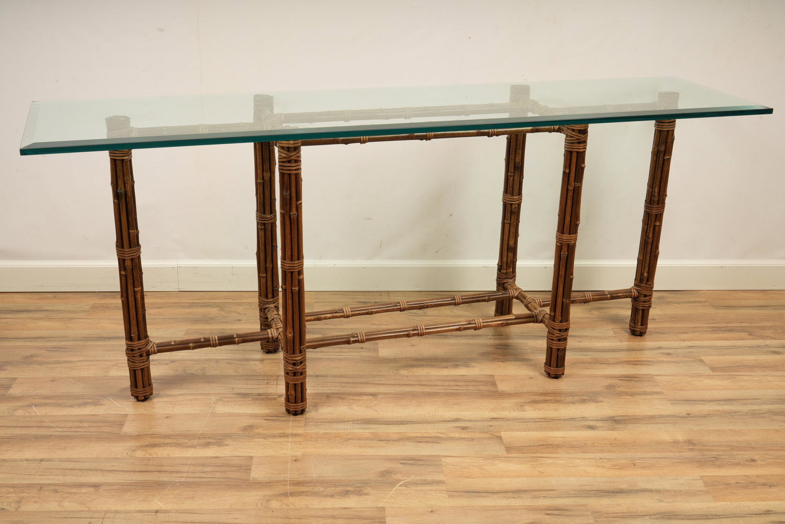McGuire Bamboo Glass Top Console Table: Base 60in Wide H 29 W 72 D 18 Scratches to Glass Top